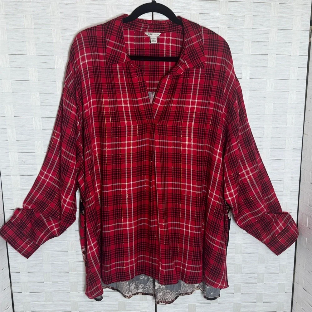 Cato Red & Black Plaid Floral Back Tunic Top Pullover Oversized Size 18/20W